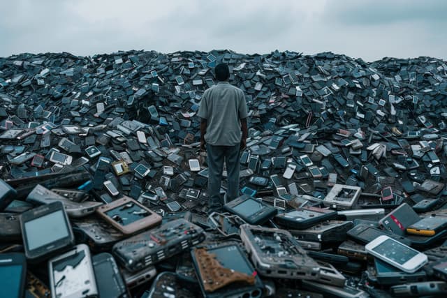 A pile of discarded electronic devices including smartphones, tablets, and accessories