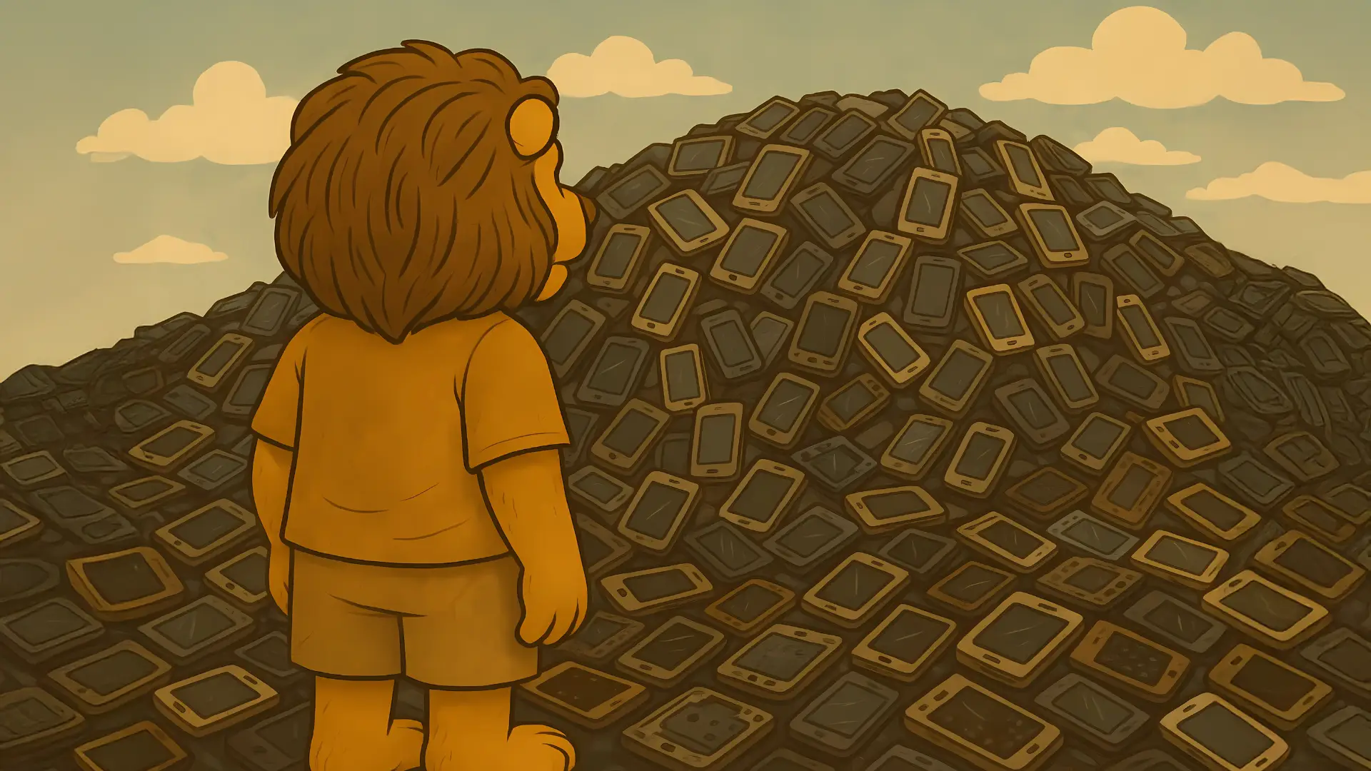 A pile of discarded electronic devices including smartphones, tablets, and accessories